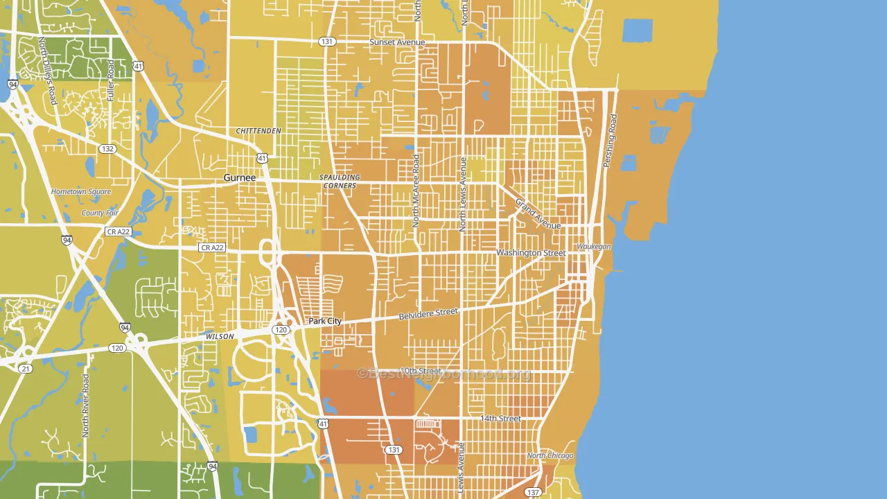 Map of the best neighborhoods in the 60085 area, with better matches in green and worse matches in red