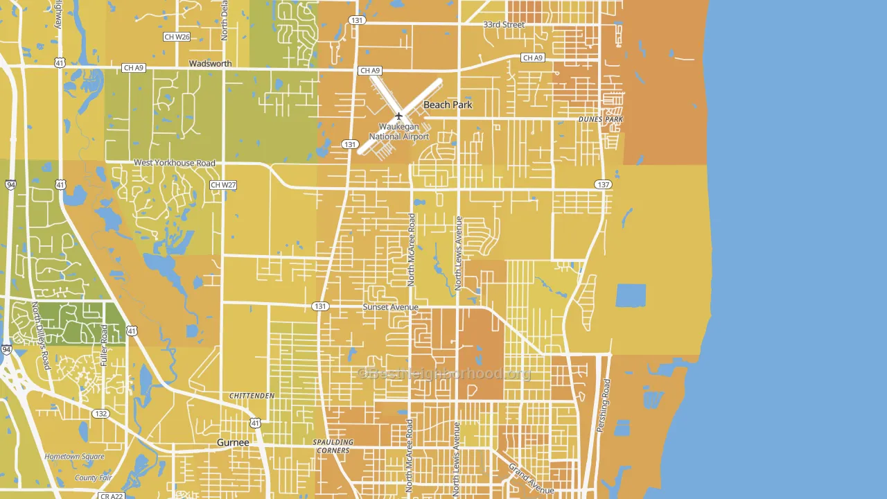 Map of the best neighborhoods in the 60087 area, with better matches in green and worse matches in red