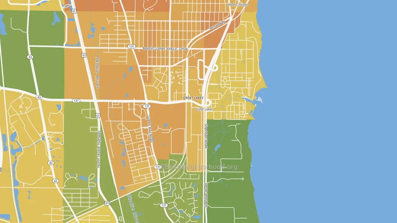 Map of the best neighborhoods in the 60088 area, with better matches in green and worse matches in red