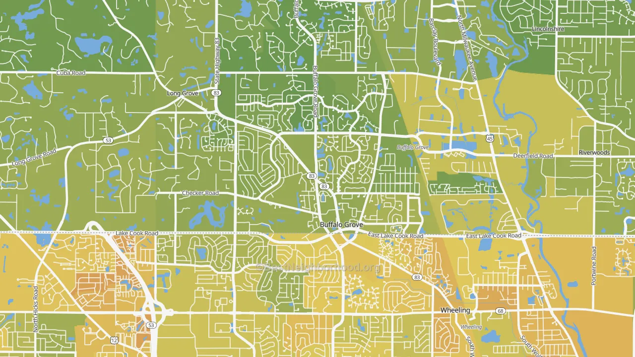Map of the best neighborhoods in the 60089 area, with better matches in green and worse matches in red