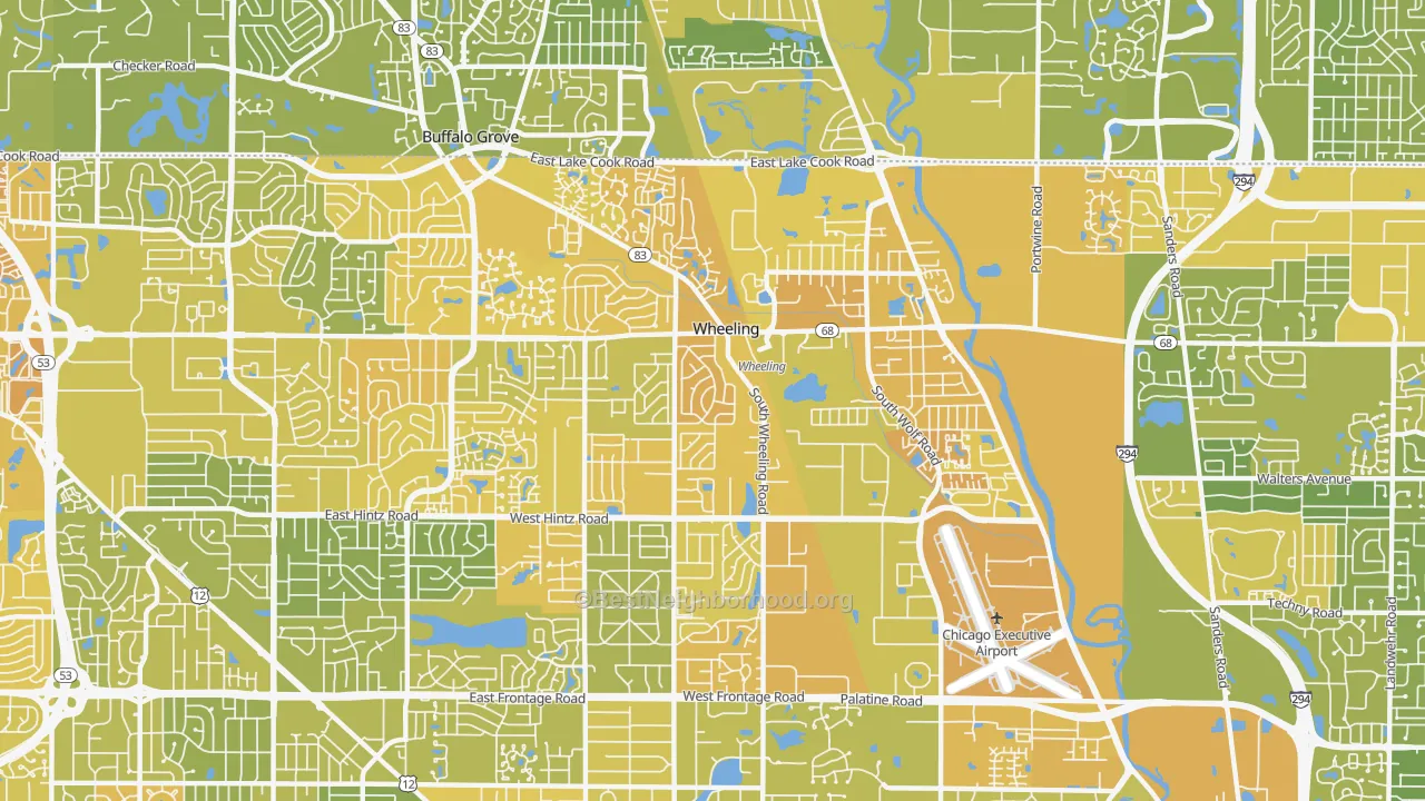 Map of the best neighborhoods in the 60090 area, with better matches in green and worse matches in red