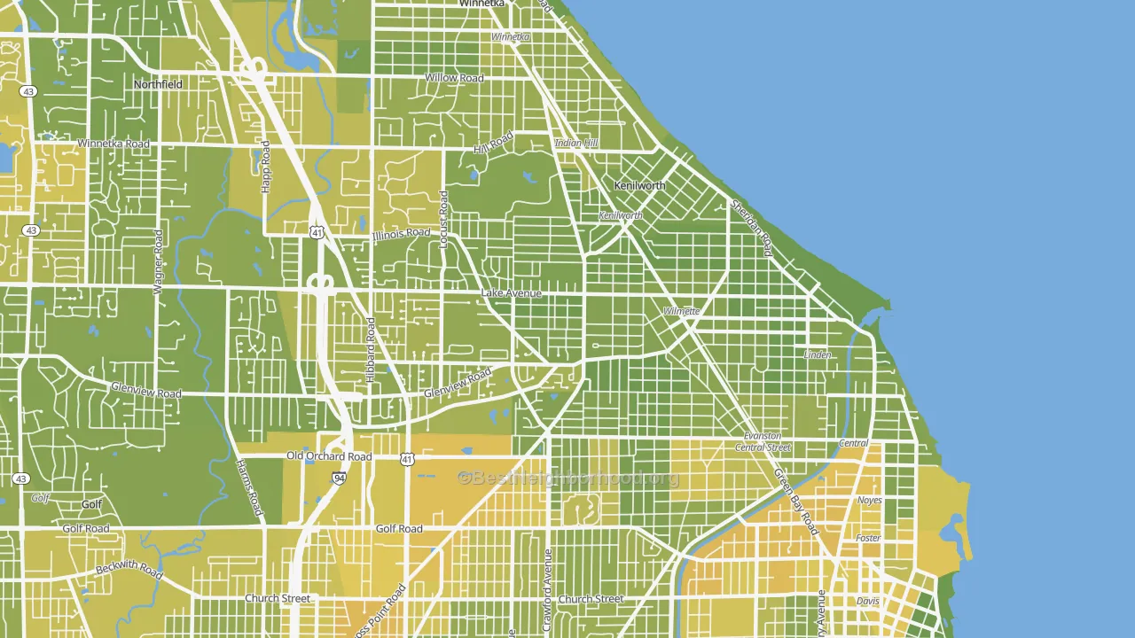 Map of the best neighborhoods in the 60091 area, with better matches in green and worse matches in red