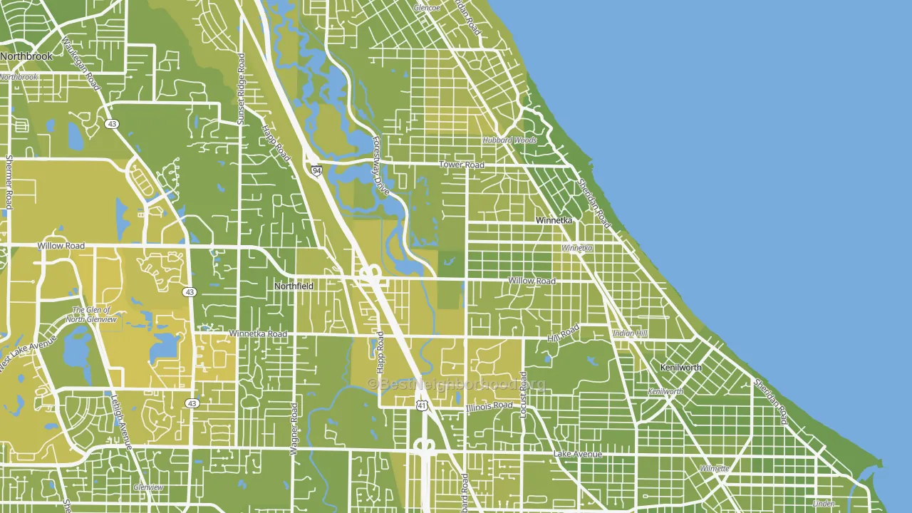 Map of the best neighborhoods in the 60093 area, with better matches in green and worse matches in red