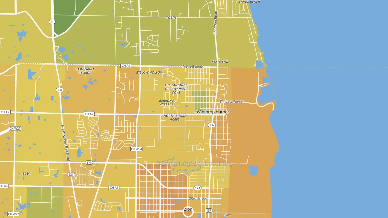 Map of the best neighborhoods in the 60096 area, with better matches in green and worse matches in red
