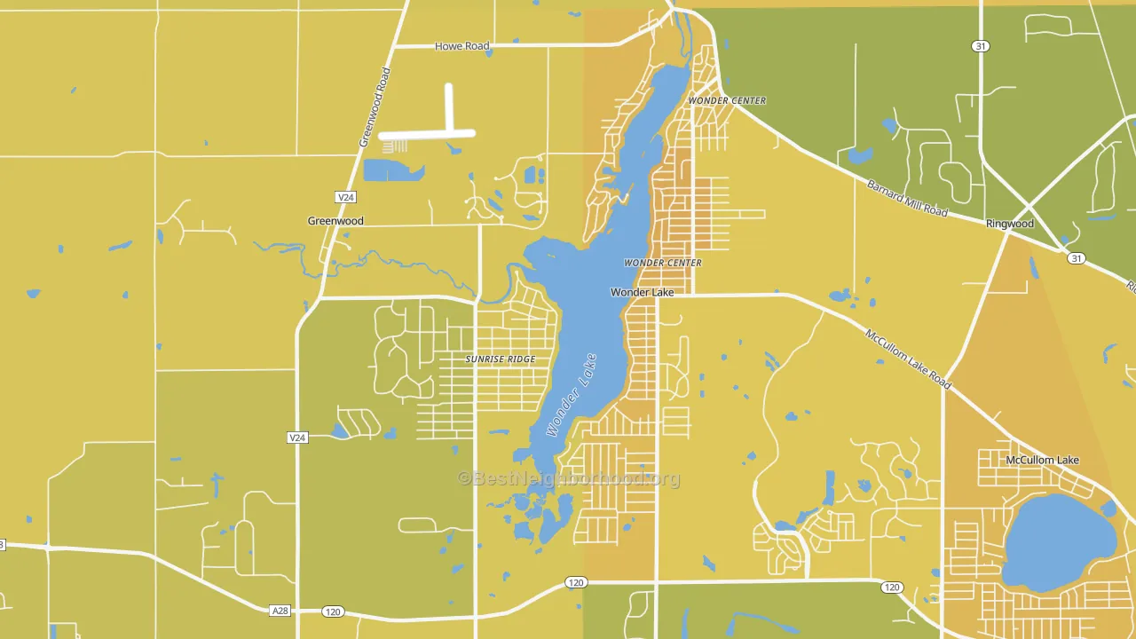 Map of the best neighborhoods in the 60097 area, with better matches in green and worse matches in red