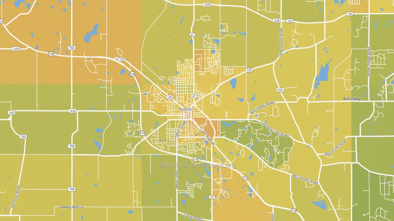 Map of the best neighborhoods in the 60098 area, with better matches in green and worse matches in red