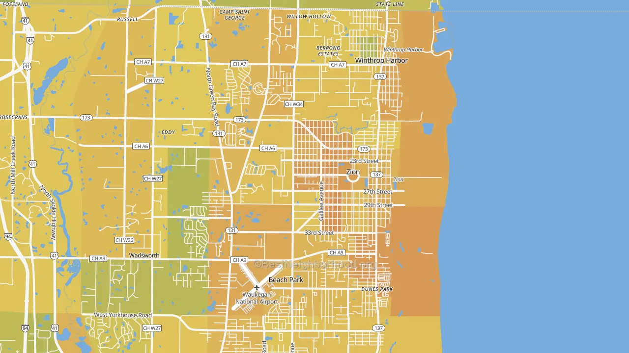 Map of the best neighborhoods in the 60099 area, with better matches in green and worse matches in red