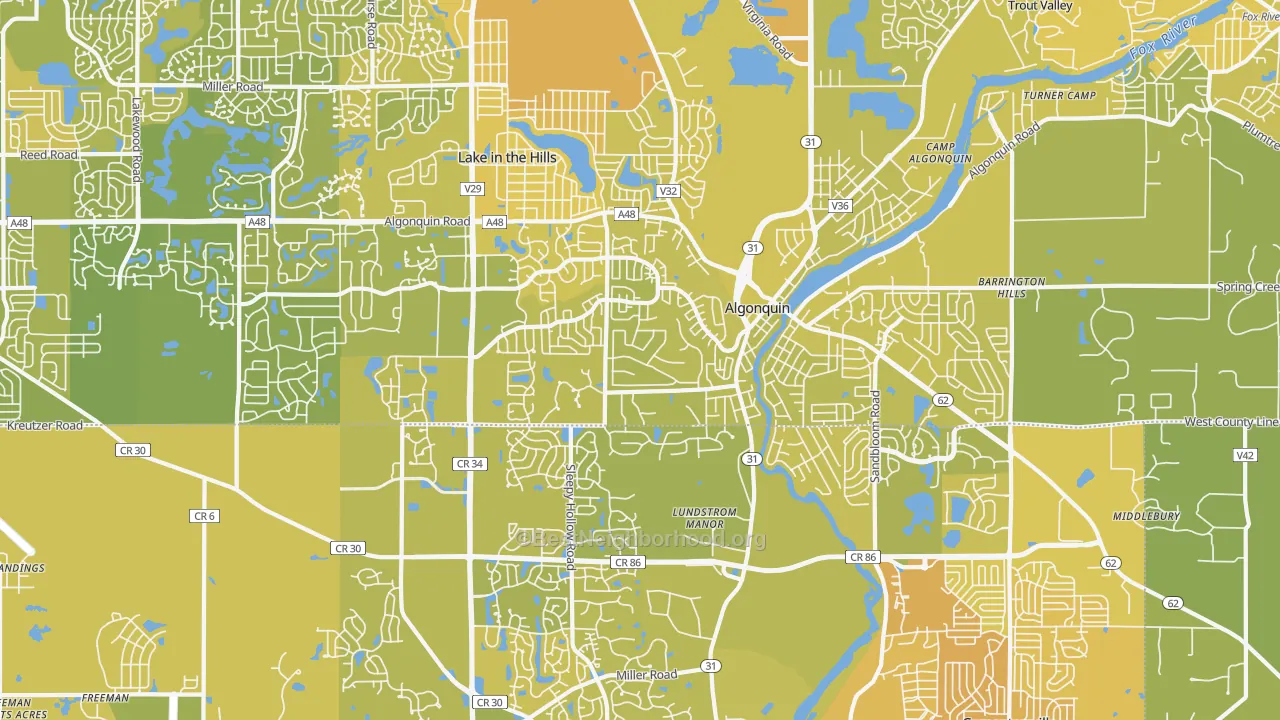 Map of the best neighborhoods in the 60102 area, with better matches in green and worse matches in red