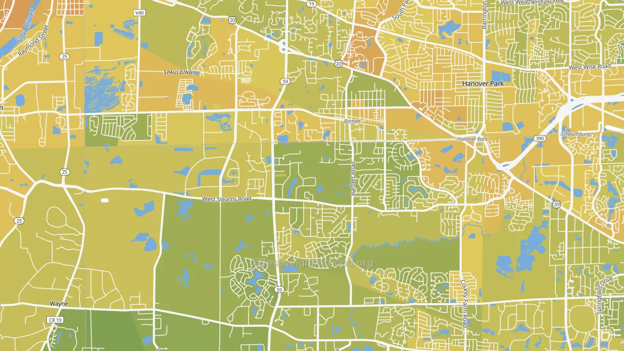 Map of the best neighborhoods in the 60103 area, with better matches in green and worse matches in red