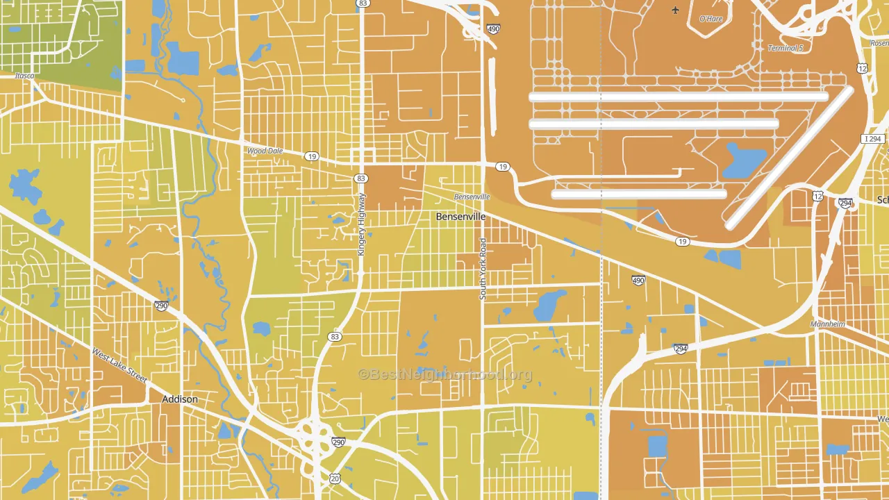 Map of the best neighborhoods in the 60106 area, with better matches in green and worse matches in red