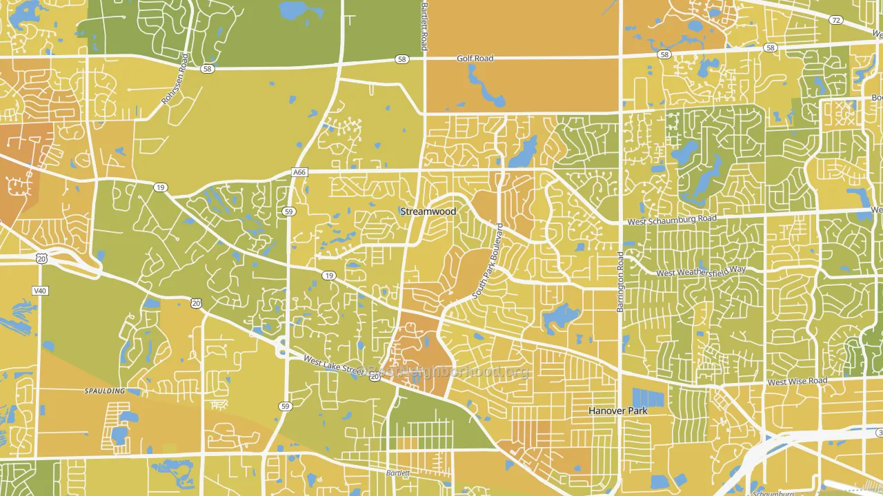 Map of the best neighborhoods in the 60107 area, with better matches in green and worse matches in red