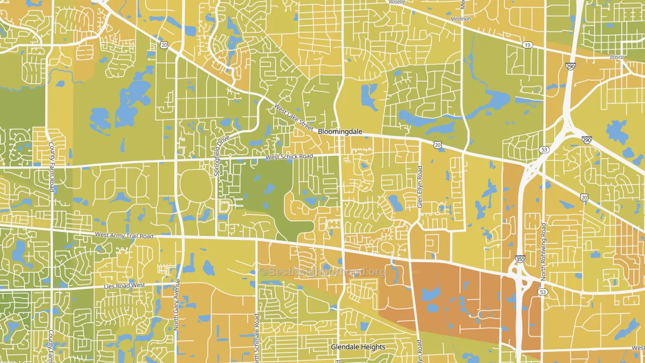 Map of the best neighborhoods in the 60108 area, with better matches in green and worse matches in red