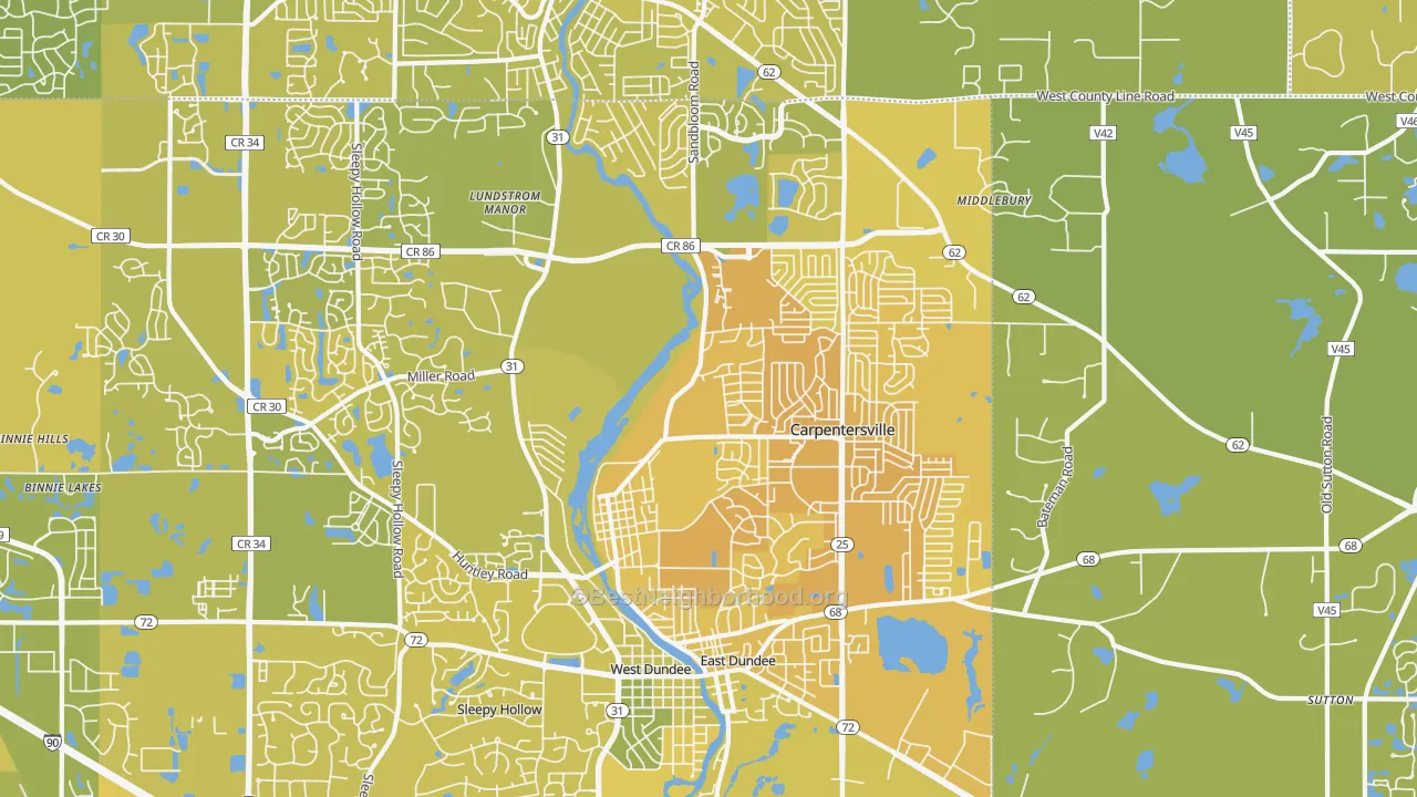 Map of the best neighborhoods in the 60110 area, with better matches in green and worse matches in red