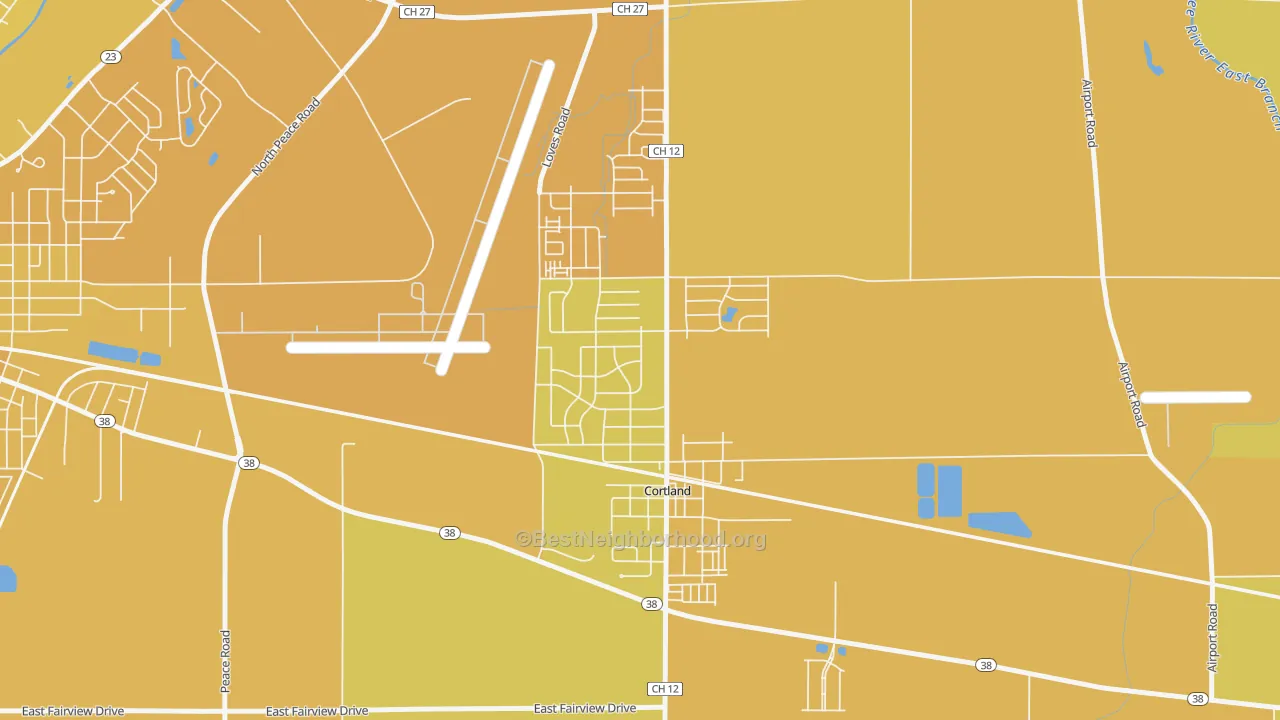 Map of the best neighborhoods in the 60112 area, with better matches in green and worse matches in red