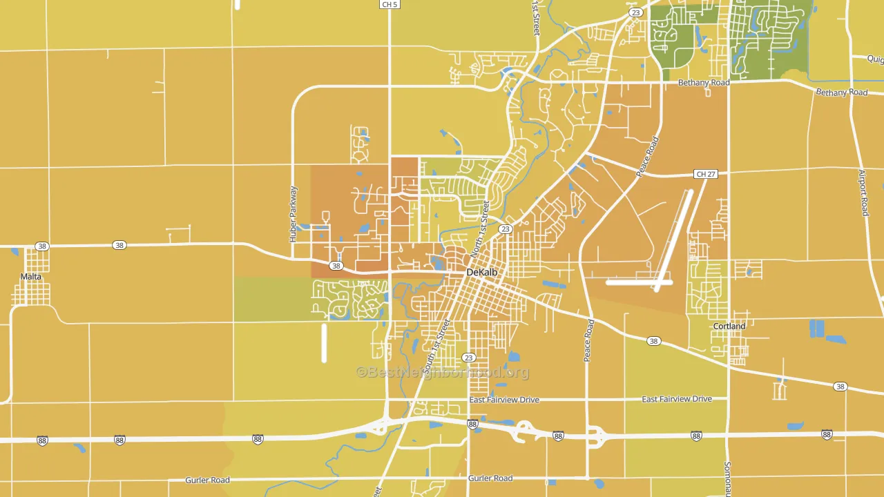 Map of the best neighborhoods in the 60115 area, with better matches in green and worse matches in red