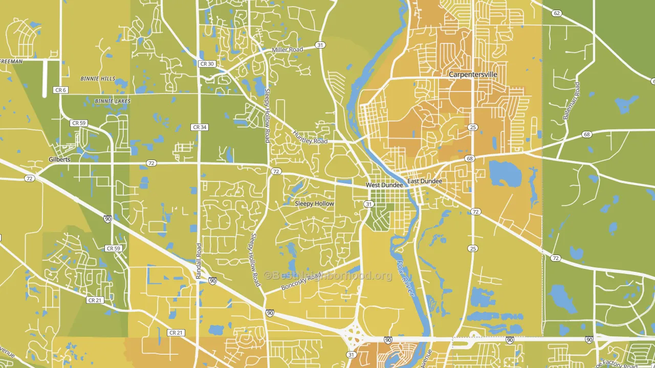 Map of the best neighborhoods in the 60118 area, with better matches in green and worse matches in red