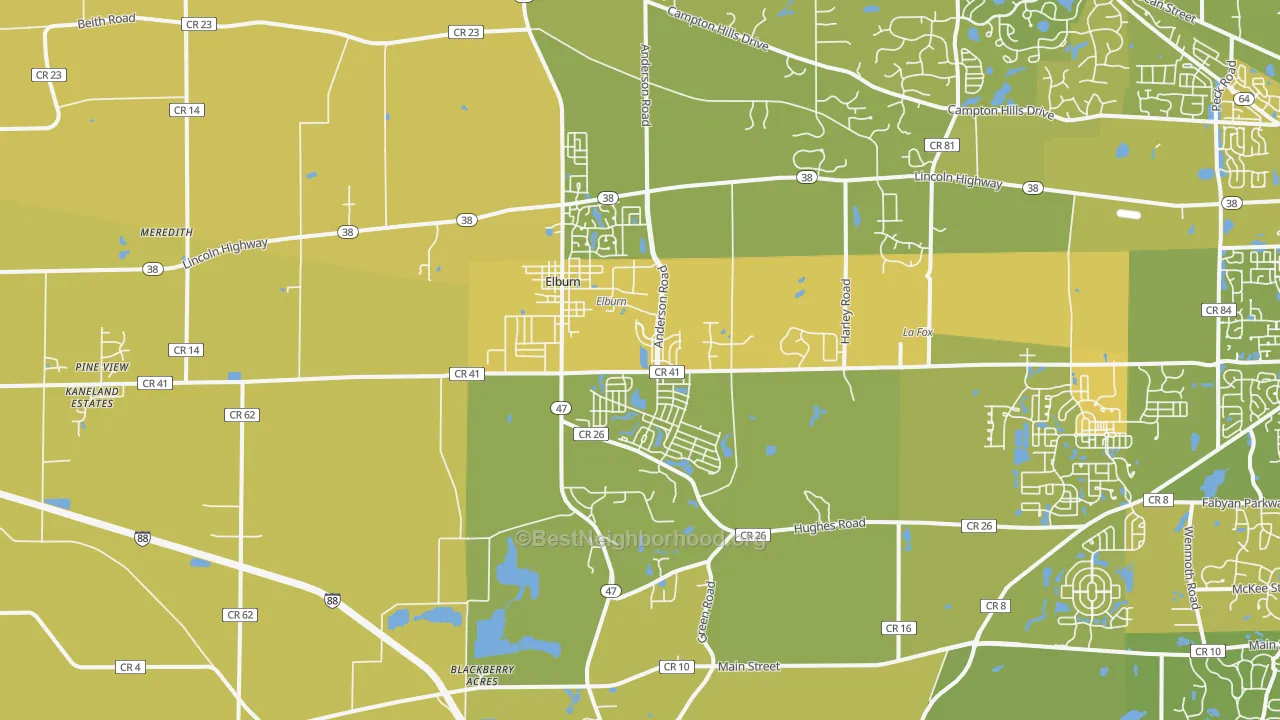 Map of the best neighborhoods in the 60119 area, with better matches in green and worse matches in red