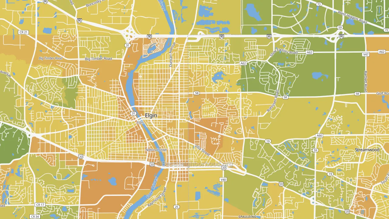 Map of the best neighborhoods in the 60120 area, with better matches in green and worse matches in red