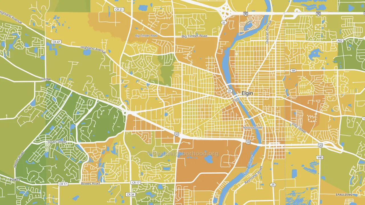 Map of the best neighborhoods in the 60123 area, with better matches in green and worse matches in red