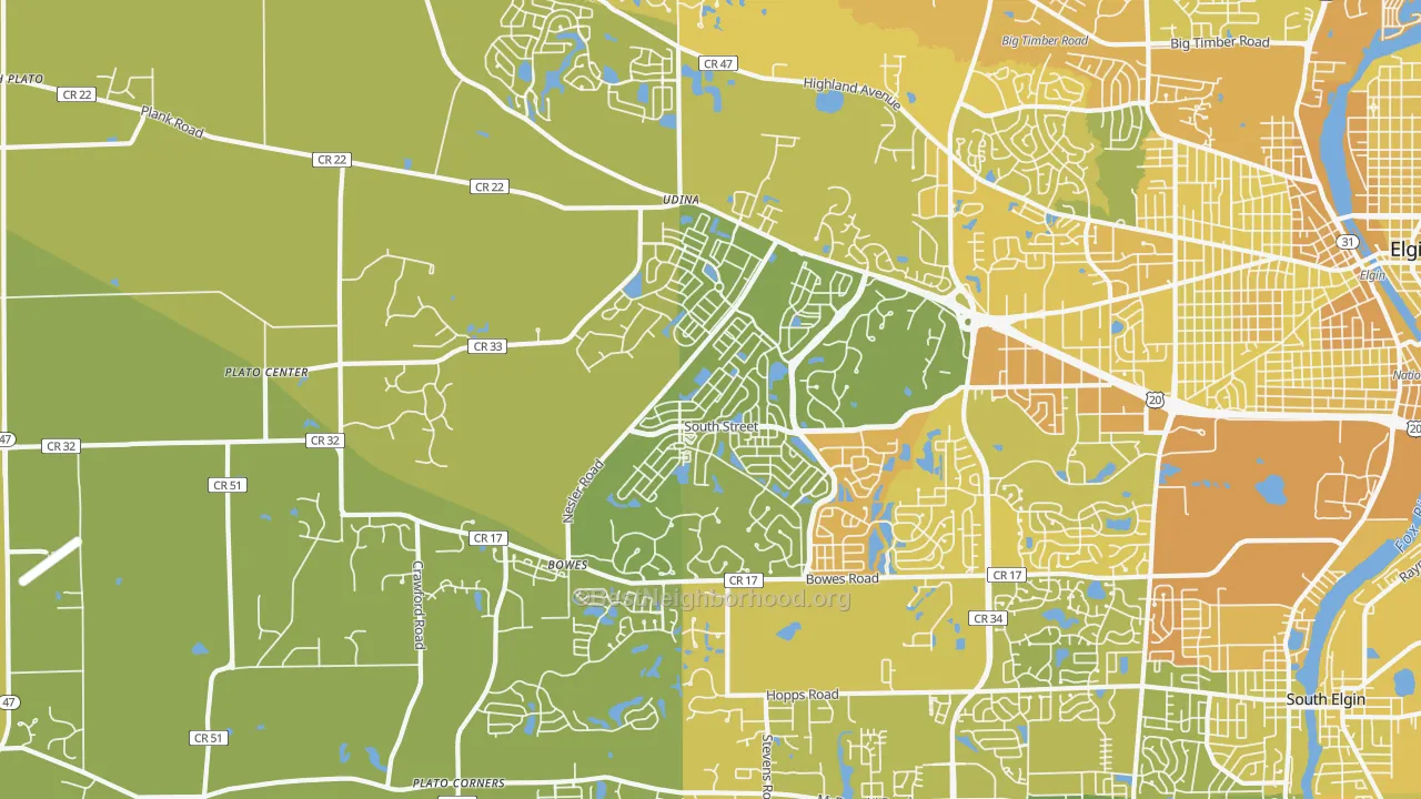 Map of the best neighborhoods in the 60124 area, with better matches in green and worse matches in red