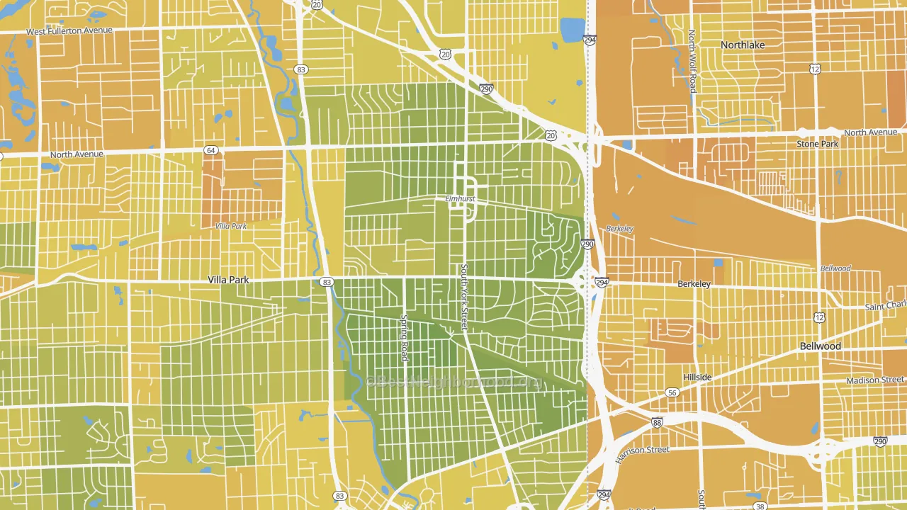 Map of the best neighborhoods in the 60126 area, with better matches in green and worse matches in red