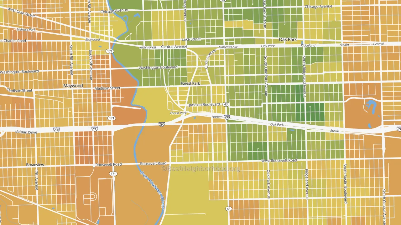 Map of the best neighborhoods in the 60130 area, with better matches in green and worse matches in red