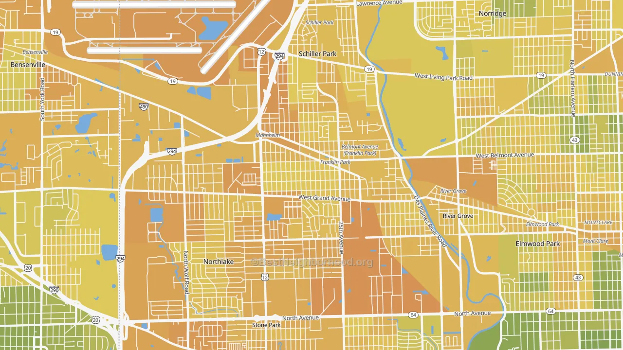 Map of the best neighborhoods in the 60131 area, with better matches in green and worse matches in red