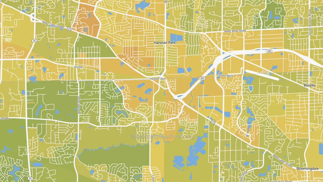 Map of the best neighborhoods in the 60133 area, with better matches in green and worse matches in red