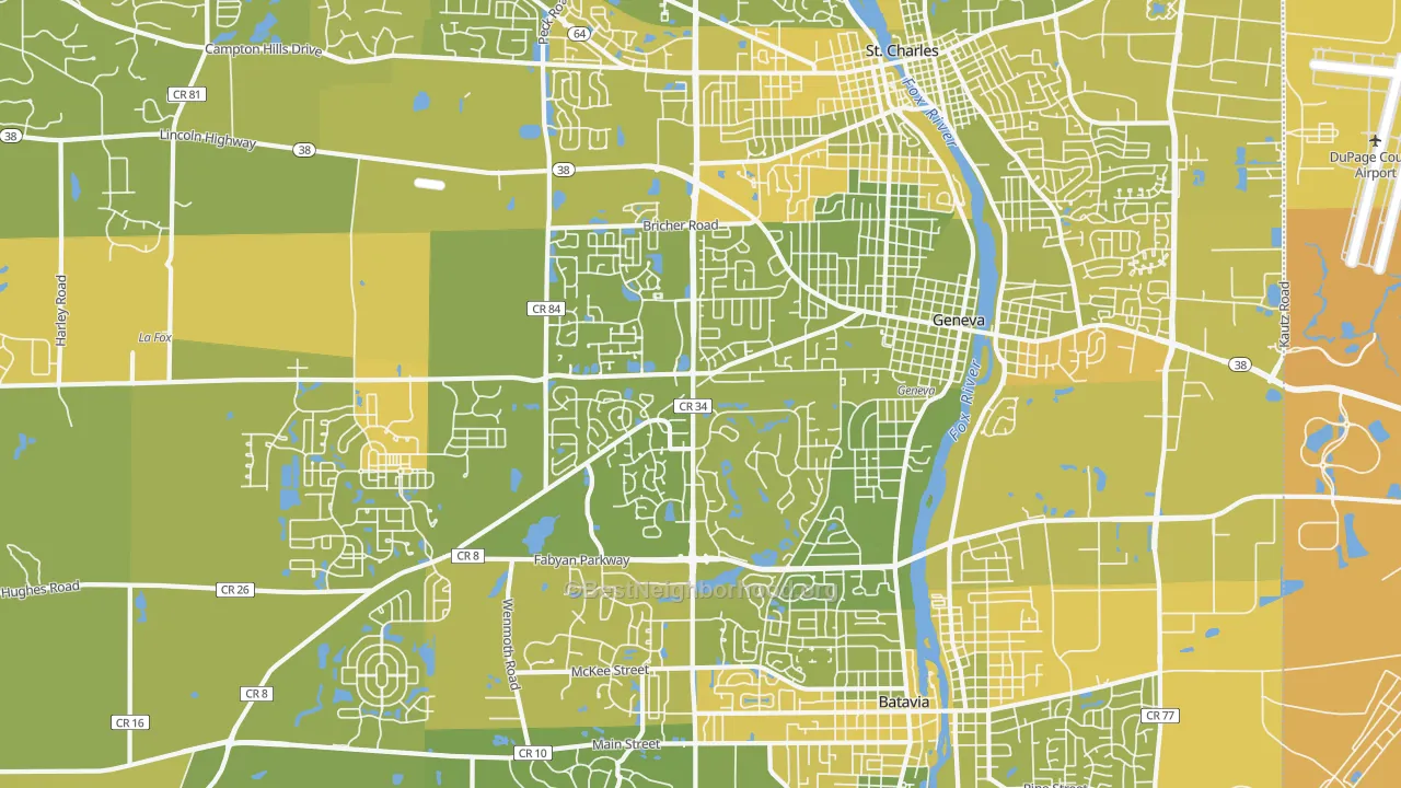 Map of the best neighborhoods in the 60134 area, with better matches in green and worse matches in red