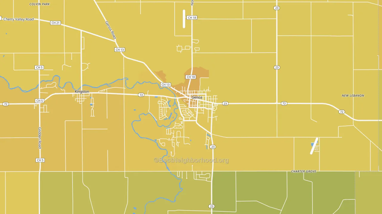 Map of the best neighborhoods in the 60135 area, with better matches in green and worse matches in red