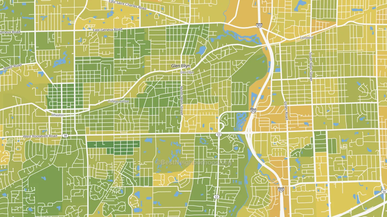 Map of the best neighborhoods in the 60137 area, with better matches in green and worse matches in red