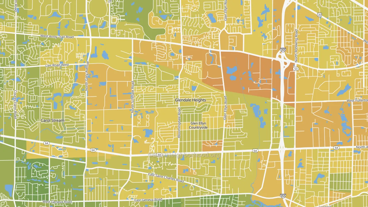 Map of the best neighborhoods in the 60139 area, with better matches in green and worse matches in red