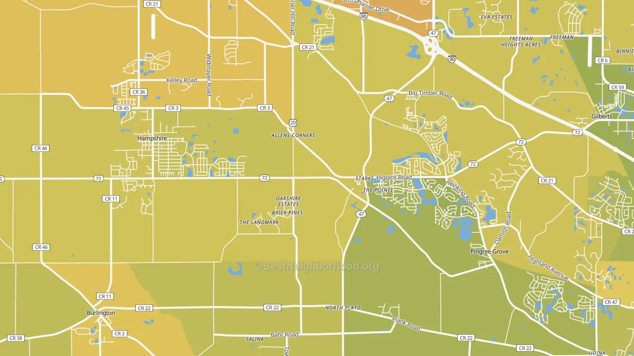 Map of the best neighborhoods in the 60140 area, with better matches in green and worse matches in red