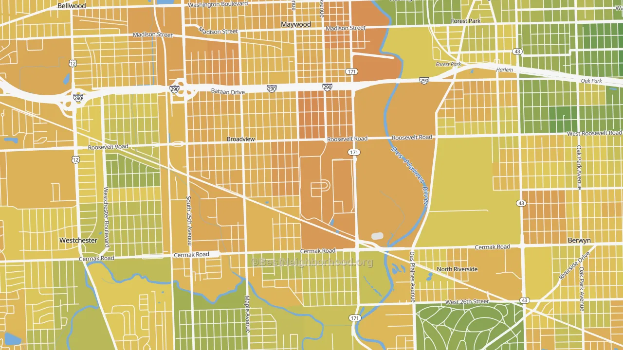 Map of the best neighborhoods in the 60141 area, with better matches in green and worse matches in red