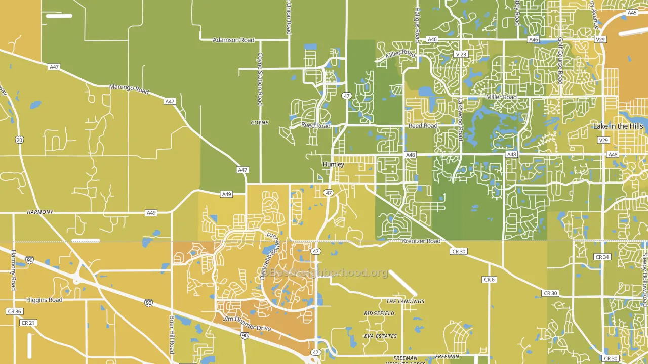 Map of the best neighborhoods in the 60142 area, with better matches in green and worse matches in red