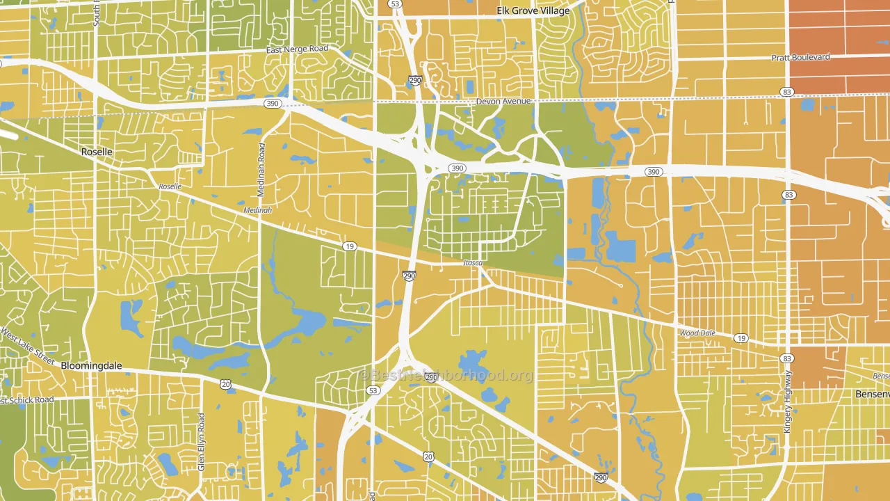 Map of the best neighborhoods in the 60143 area, with better matches in green and worse matches in red