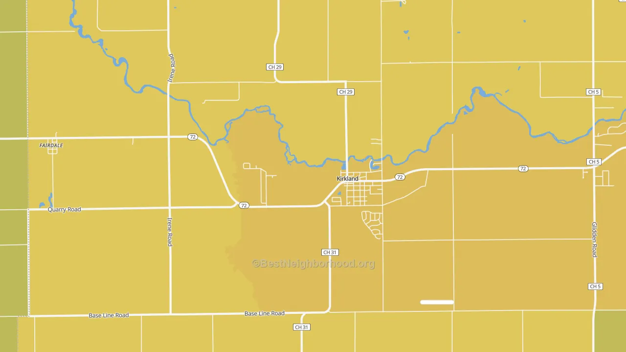 Map of the best neighborhoods in the 60146 area, with better matches in green and worse matches in red
