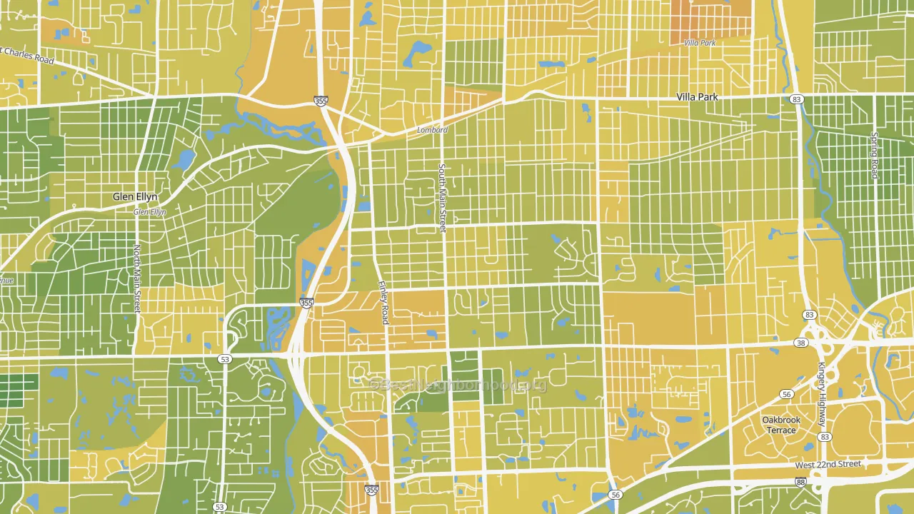 Map of the best neighborhoods in the 60148 area, with better matches in green and worse matches in red