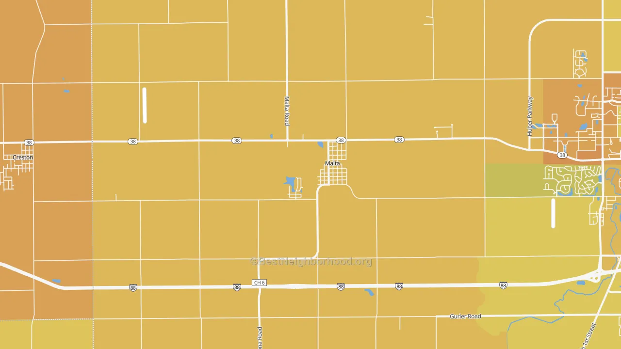 Map of the best neighborhoods in the 60150 area, with better matches in green and worse matches in red
