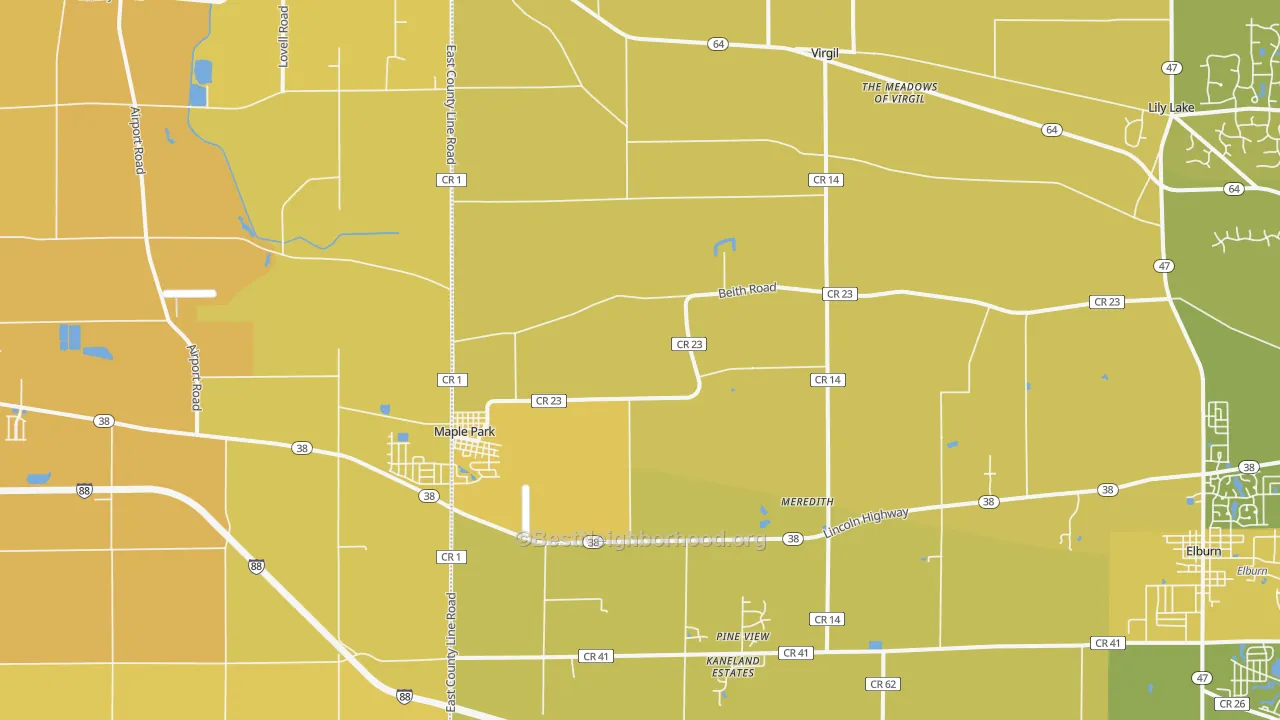 Map of the best neighborhoods in the 60151 area, with better matches in green and worse matches in red
