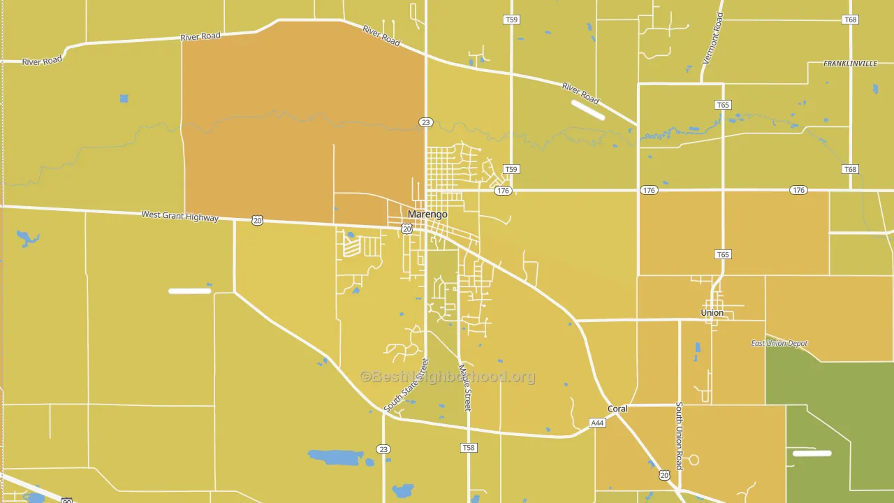 Map of the best neighborhoods in the 60152 area, with better matches in green and worse matches in red
