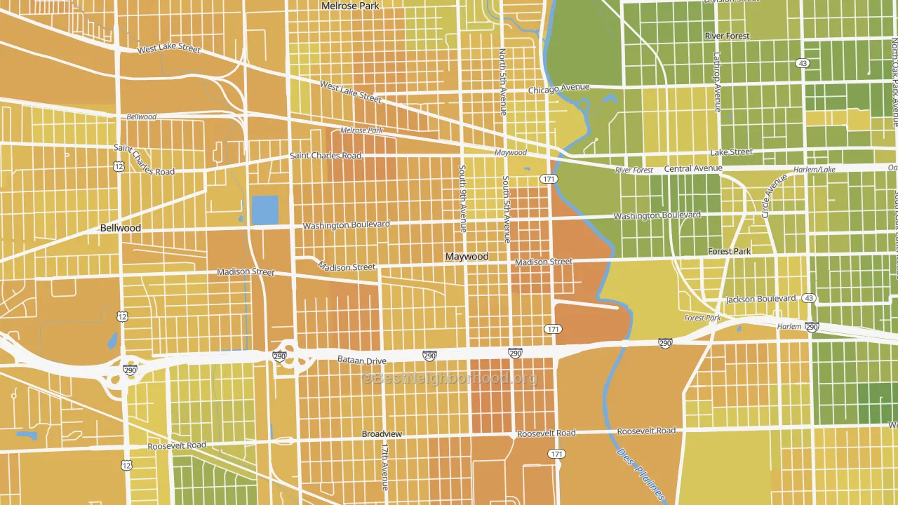 Map of the best neighborhoods in the 60153 area, with better matches in green and worse matches in red