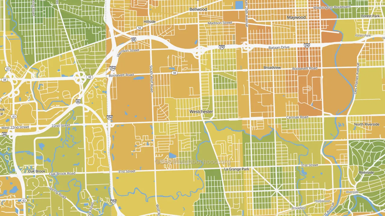Map of the best neighborhoods in the 60154 area, with better matches in green and worse matches in red
