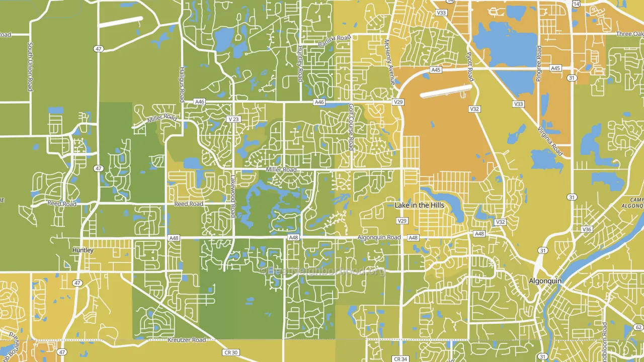 Map of the best neighborhoods in the 60156 area, with better matches in green and worse matches in red