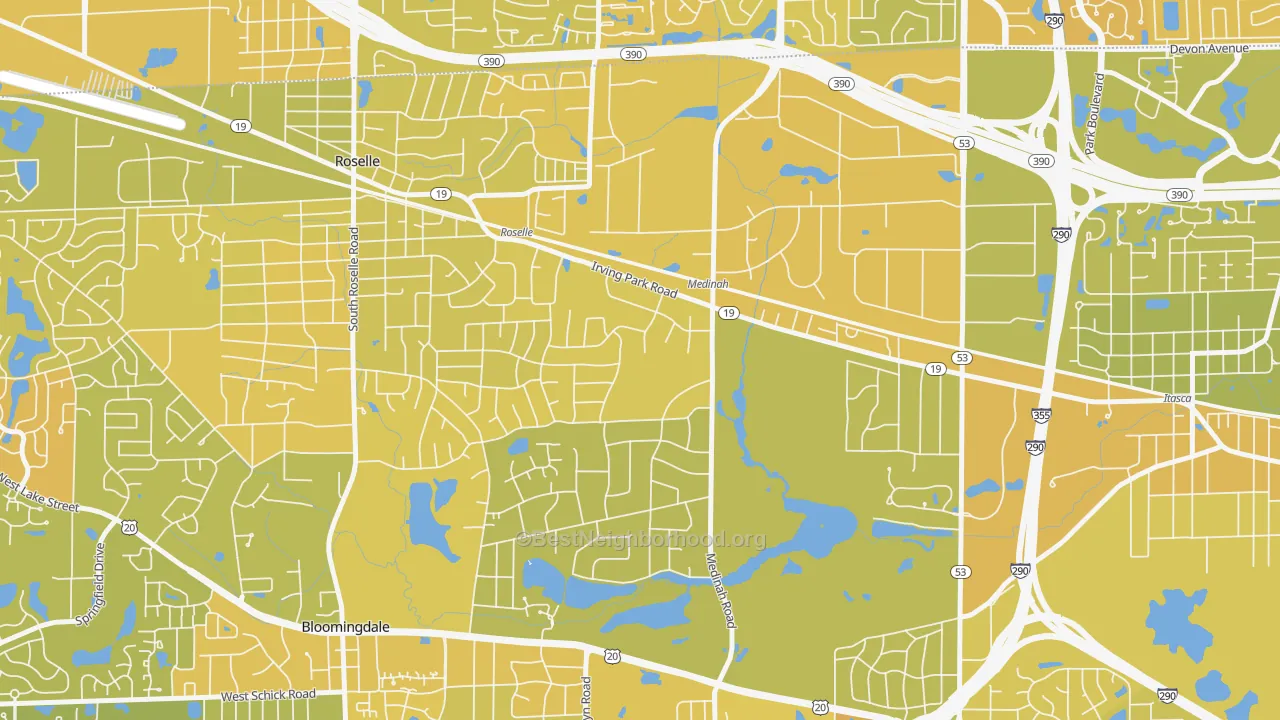 Map of the best neighborhoods in the 60157 area, with better matches in green and worse matches in red