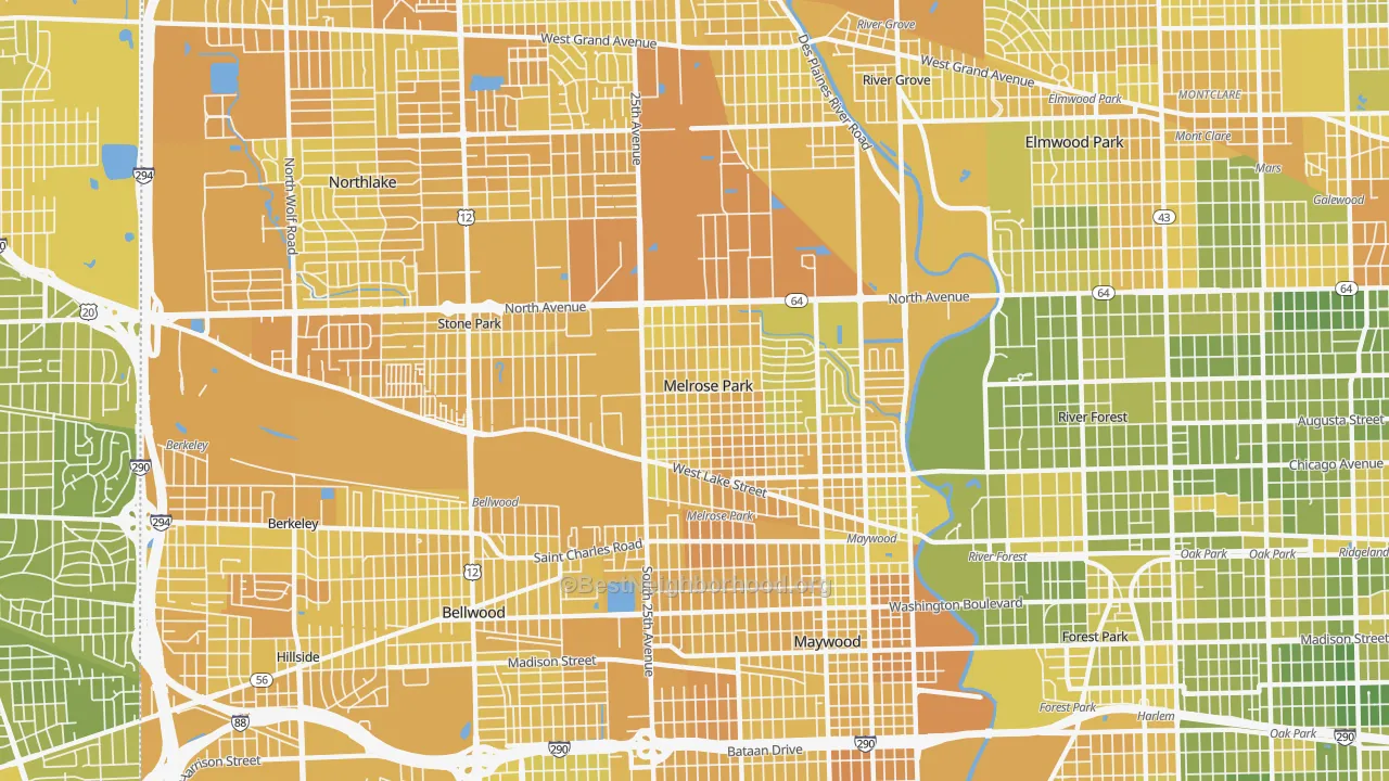 Map of the best neighborhoods in the 60160 area, with better matches in green and worse matches in red