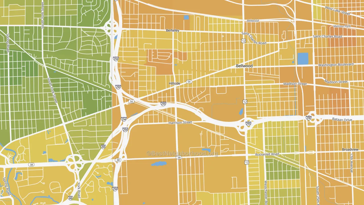 Map of the best neighborhoods in the 60162 area, with better matches in green and worse matches in red