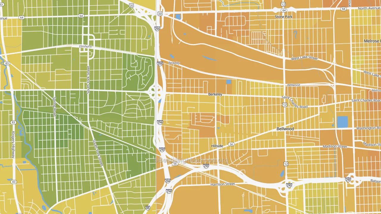 Map of the best neighborhoods in the 60163 area, with better matches in green and worse matches in red