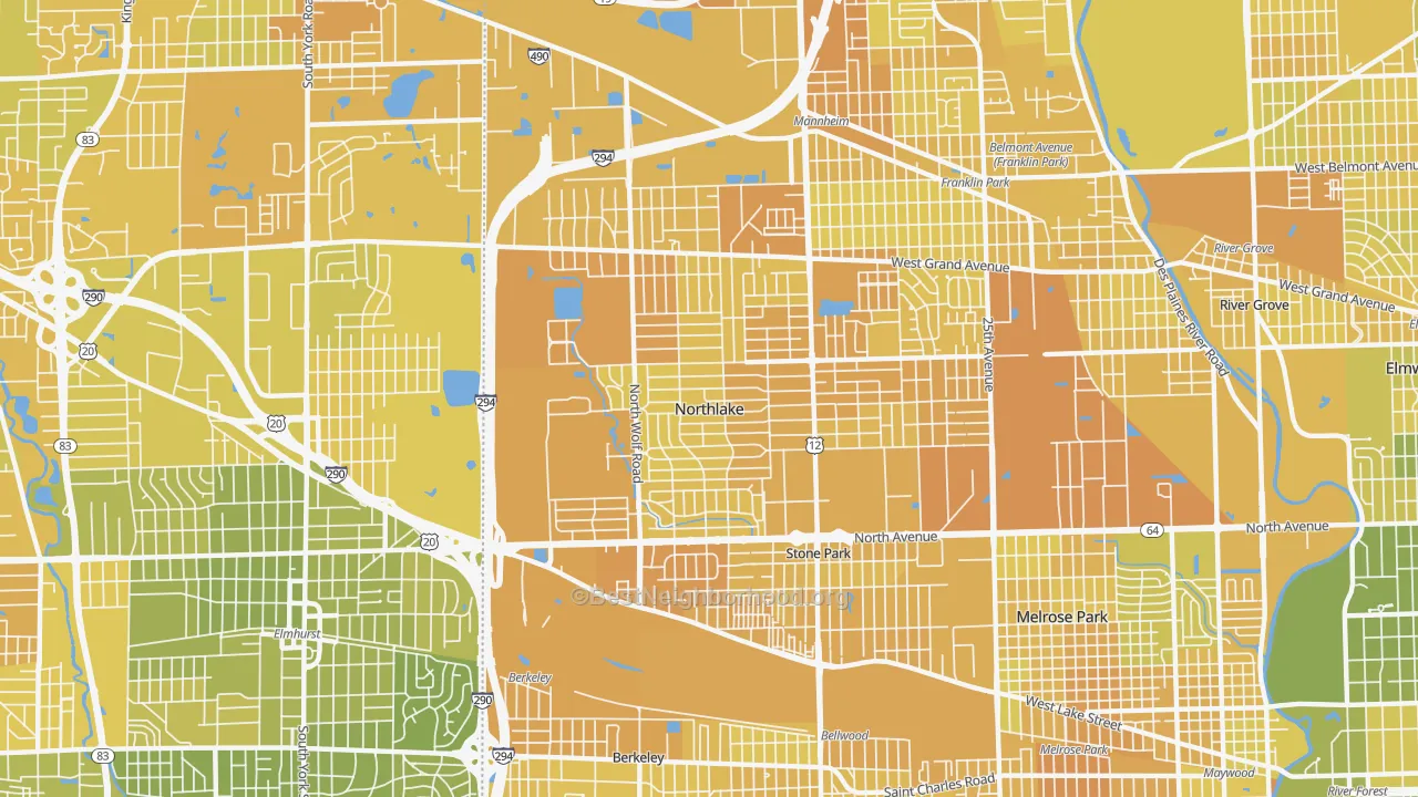 Map of the best neighborhoods in the 60164 area, with better matches in green and worse matches in red