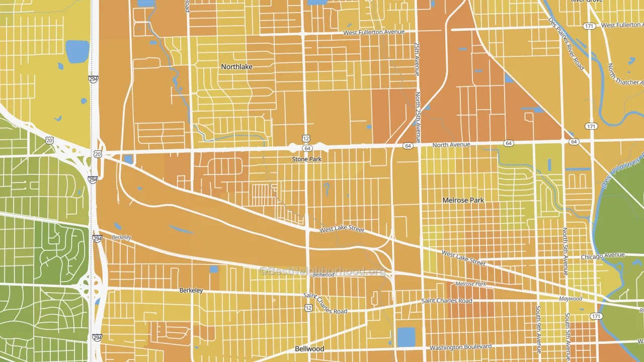 Map of the best neighborhoods in the 60165 area, with better matches in green and worse matches in red